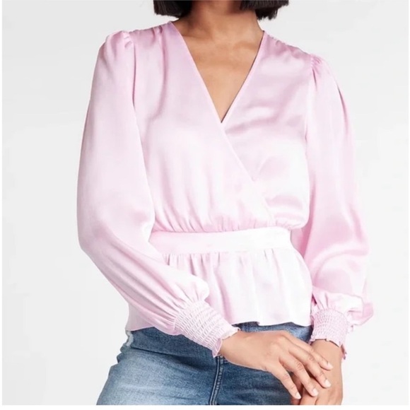 EXPRESS Elegant Satin Pink Faux Wrap Peplum Blouse XS - Picture 1 of 6